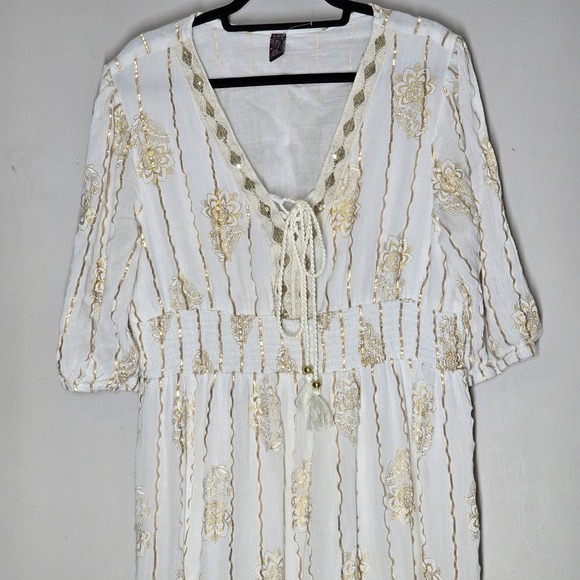 Anthropologie Me 2 Magic Floral Metallic Ivory Gold Tiered Maxi Dress 2X - Picture 2 of 10